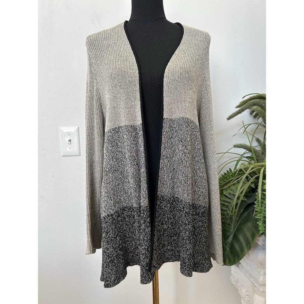 EILEEN FISHER Wool Linen Open Cardigan Relaxed Sweater Colorblock Gray Size XL